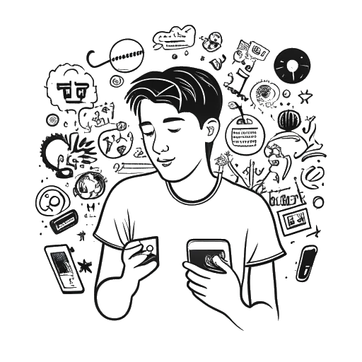 Desenho em arte linear de um jovem usando mídias sociais, com diversos logos de redes sociais ao fundo, representando Matan Even, em um fundo branco