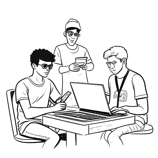Dibujo de arte lineal de un joven colaborando con otros creadores de contenido, representando a Matan Even, en un fondo blanco