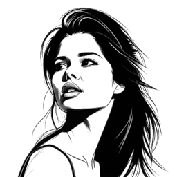 Dibujo de arte lineal de Selena Gomez en una escena dramática de una película o serie de televisión, representando una variedad de emociones.
