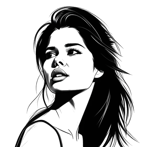 Dibujo de arte lineal de Selena Gomez en una escena dramática de una película o serie de televisión, representando una variedad de emociones.