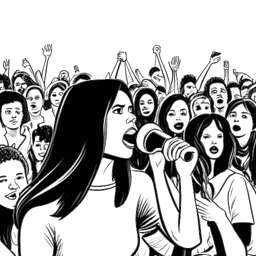 Dibujo de arte lineal de Selena Gomez sosteniendo un megáfono y parada frente a una multitud diversa, representando su trabajo de defensa por la salud mental, igualdad de género, racial y LGBT.