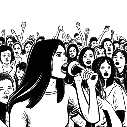 Dibujo de arte lineal de Selena Gomez sosteniendo un megáfono y parada frente a una multitud diversa, representando su trabajo de defensa por la salud mental, igualdad de género, racial y LGBT.