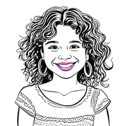 Dibujo de arte lineal de una joven que representa a Selena Gomez. Tiene el pelo rizado, una brillante sonrisa y lleva un vestido colorido, irradiando energía juvenil.