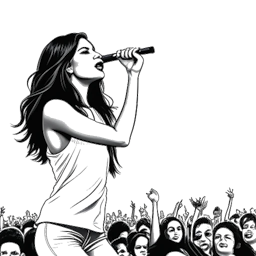 Dibujo de arte lineal de Selena Gomez actuando en el escenario, sosteniendo un micrófono, con una vibrante multitud animando en el fondo.