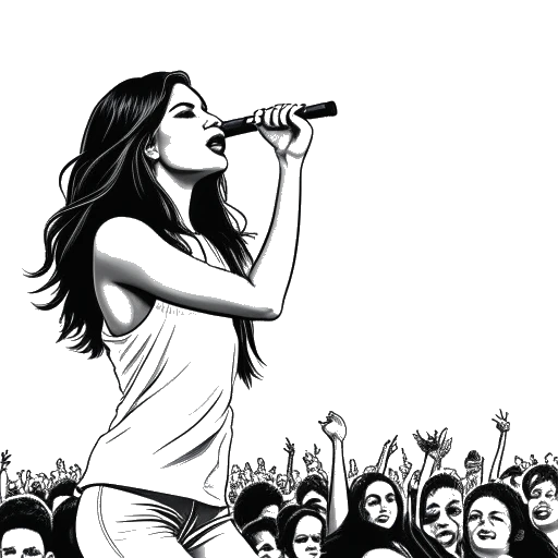 Lijntekening van Selena Gomez die optreedt op het podium, met een microfoon vasthoudend, met een levendige menigte die in de achtergrond juicht.