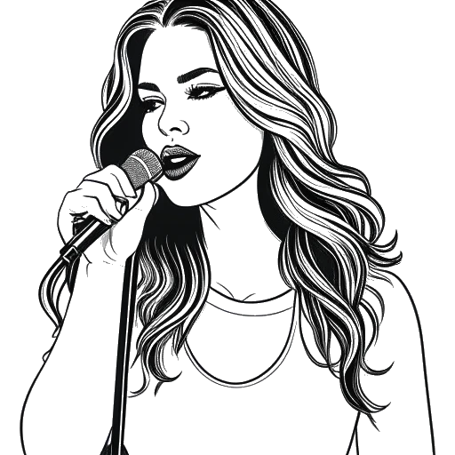 Line art drawing of a woman, representing Selena Gomez, with long wavy hair and a confident expression. She holds a microphone in one hand and a makeup palette in the other, symbolizing her music career and entrepreneurial ventures. The background is white.