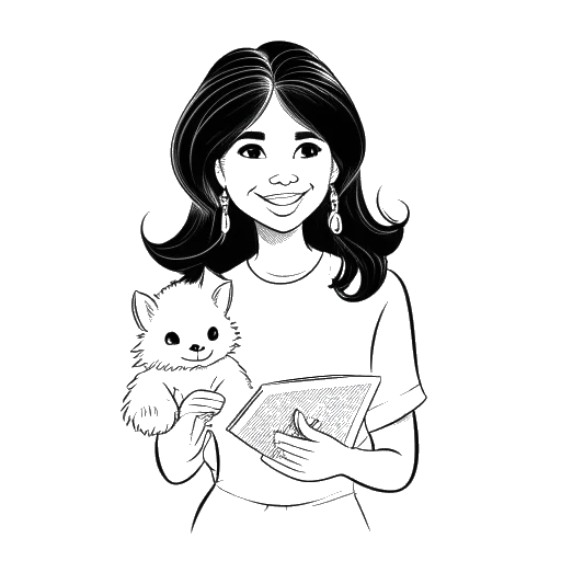 Line art drawing of a young Selena Gomez, holding a Barney & Friends script
