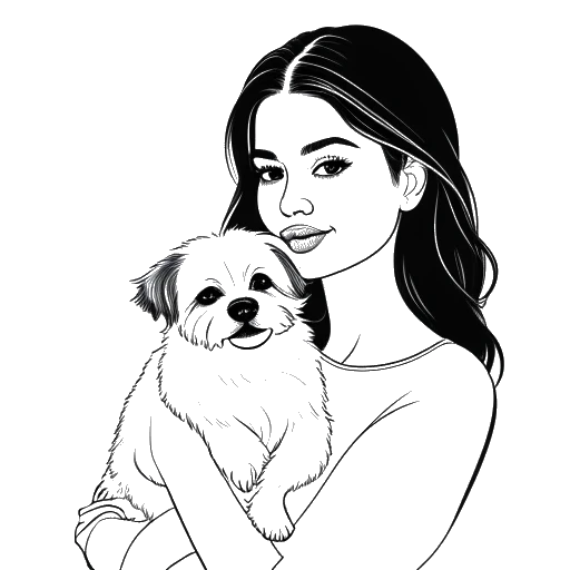 Disegno in bianco e nero di Selena Gomez che tiene il suo cane di casa, Daisy