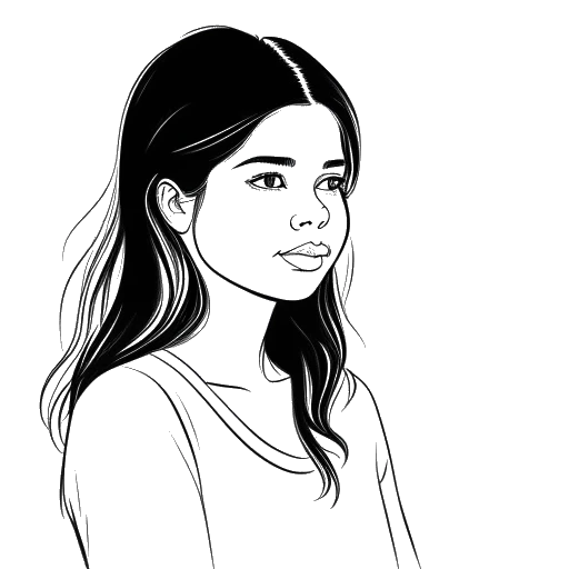 Line art drawing of a young girl, representing Selena Gomez, speaking Spanish with a family member