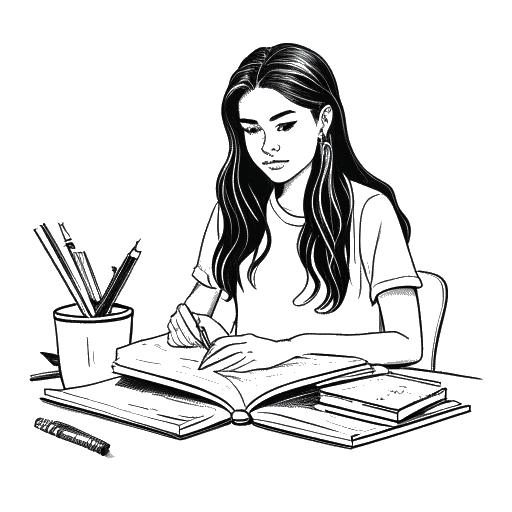 Disegno in bianco e nero di una ragazza adolescente, rappresentante Selena Gomez, che studia a una scrivania con materiale scolastico