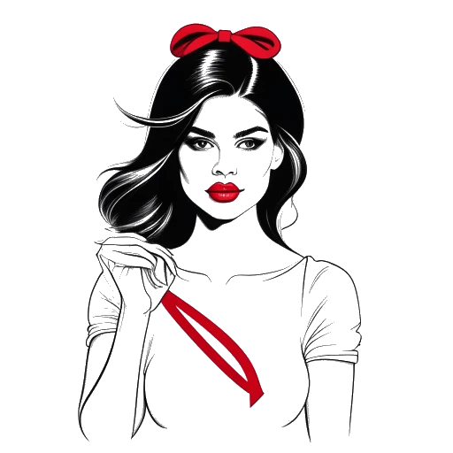 Lijntekening van Selena Gomez die een rood lint vasthoudt, voor lupus bewustzijn