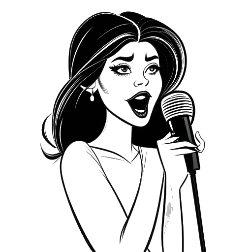 Line art drawing of Selena Gomez speaking into a microphone, with a cartoon image of Mavis from Hotel Transylvania beside her