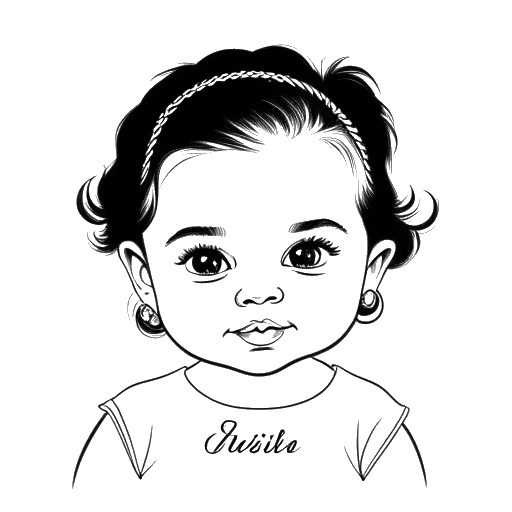 Disegno in bianco e nero di una bambina, rappresentante Selena Gomez, con una targhetta con scritto 'Selena Quintanilla'
