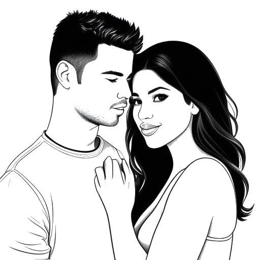 Line art drawing of Selena Gomez and Nick Jonas together, representing their brief romance