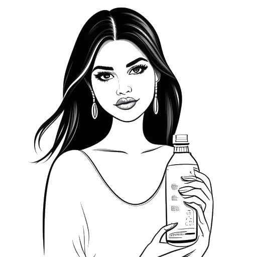 Disegno in bianco e nero di Selena Gomez che tiene prodotti Rare Beauty, rappresentante la sua azienda di cosmetici