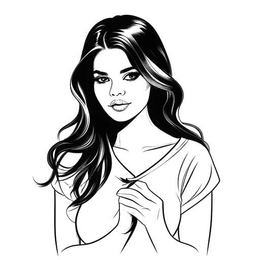 Line art drawing of Selena Gomez holding a ribbon, representing mental health awareness