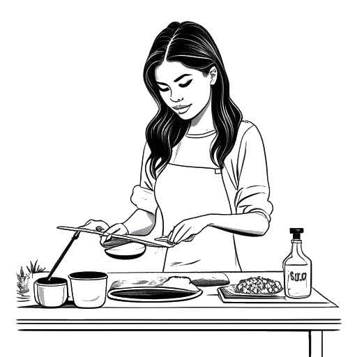 Line art drawing of Selena Gomez cooking in a kitchen, representing her cooking series Selena + Chef