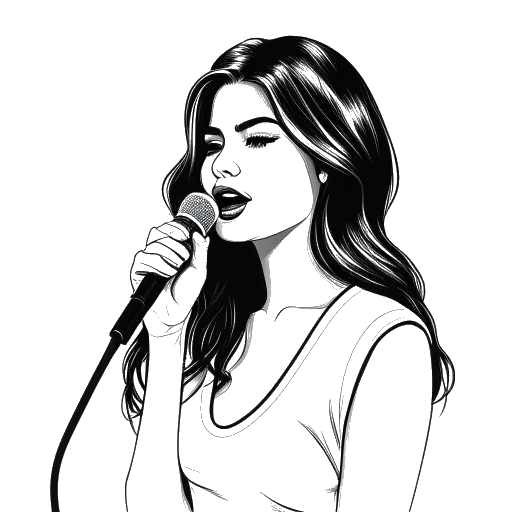 Dibujo artístico de Selena Gomez sosteniendo un micrófono, representando su carrera en solitario