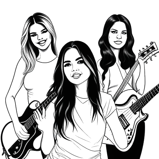 Line art drawing of Selena Gomez with her bandmates from Selena Gomez & the Scene, holding musical instruments