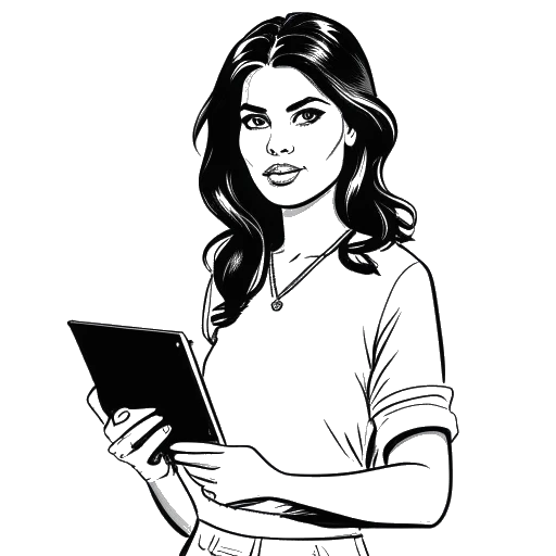 Line art drawing of Selena Gomez holding a clapperboard, representing her role as a TV producer
