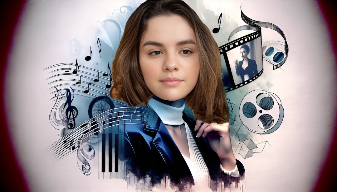 Selena, una mujer de piel clara con una expresión segura, rodeada de notas musicales, rollos de película y el logo de Rare Beauty, mostrando su carrera multifacética en la música, el cine y la filantropía.