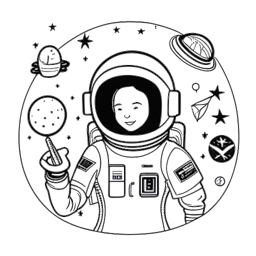 Dibujo de una mujer que representa a Avery Cyrus con varios logotipos de marcas y un casco de astronauta, significando sus diversas colaboraciones e intereses en la exploración espacial.