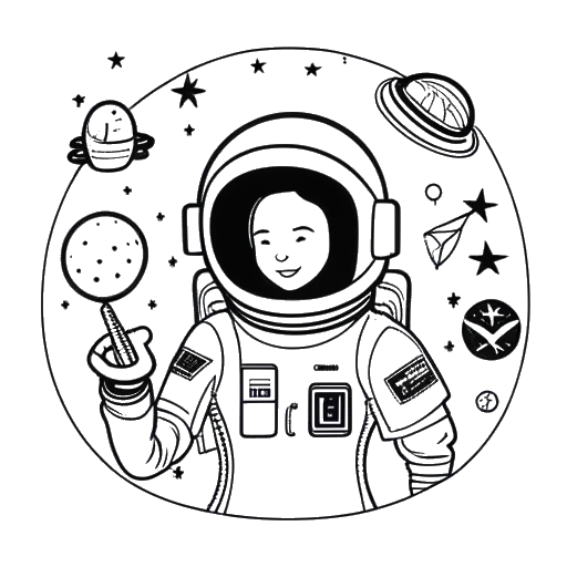 Strichzeichnung einer Frau, die Avery Cyrus repräsentiert, mit verschiedenen Markenlogos und einem Astronautenhelm, der ihre vielfältigen Partnerschaften und ihr Interesse an der Weltraumforschung symbolisiert.
