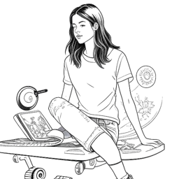 Dibujo de una mujer que representa a Avery Cyrus con rasgos de Géminis, presentando selectivamente su vida en una pantalla digital, con un monopatín personalizado e imágenes que simbolizan su tienda en línea, en un fondo blanco.