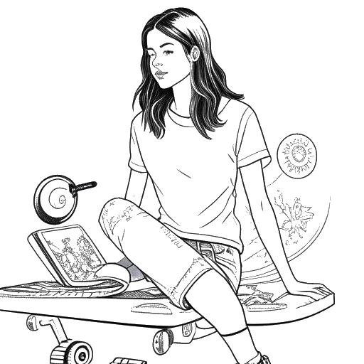 Dibujo de una mujer que representa a Avery Cyrus con rasgos de Géminis, presentando selectivamente su vida en una pantalla digital, con un monopatín personalizado e imágenes que simbolizan su tienda en línea, en un fondo blanco.