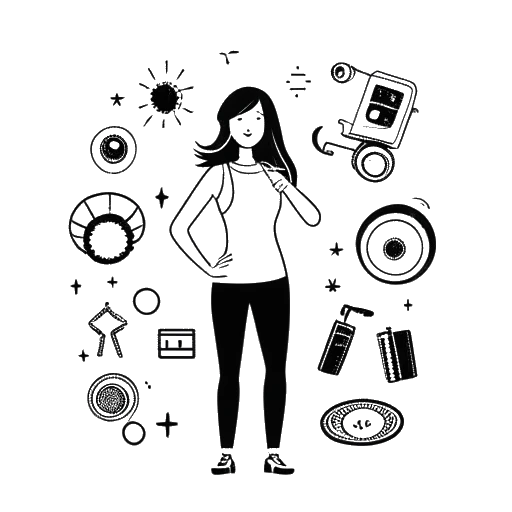 Desenho de arte em linha de uma mulher, representando Avery Cyrus, segurando com confiança um smartphone e uma câmera com logotipos de marcas e uma silhueta de nave espacial ao redor dela, em um fundo branco.