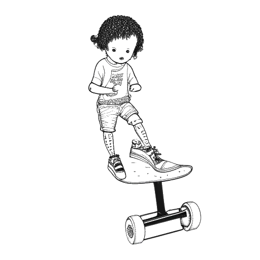 Line art drawing of a skateboard made from baby dolls, representing Avery Cyrus' creativity