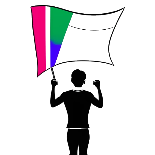 Desenho em arte linear de uma pessoa representando Avery Cyrus, segurando uma bandeira arco-íris para representação LGBTQ e uma bandeira mexicana para representação hispânica