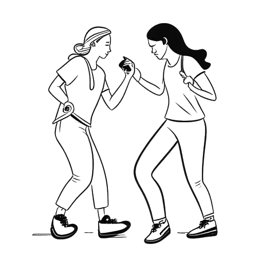 Desenho em arte linear de duas amigas representando Avery Cyrus e sua amiga, em uma competição amigável no TikTok