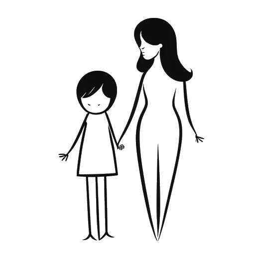 Disegno line art di madre e figlia che rappresenta Avery Cyrus e sua madre, che si tengono per mano con un cuore sopra di loro, simboleggiando il supporto