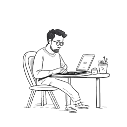 Line art drawing of a man, symbolizing Wendigoon, evolving from a horror story writer to a successful YouTube content creator, on a white background