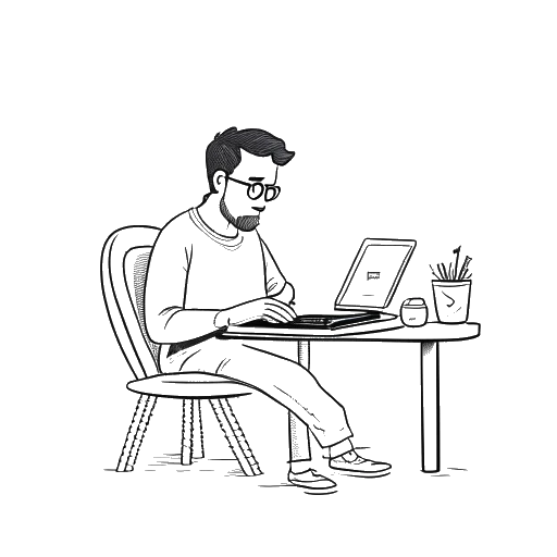 Line art drawing of a man, symbolizing Wendigoon, evolving from a horror story writer to a successful YouTube content creator, on a white background