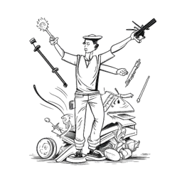 Dibujo de arte lineal de un hombre, encarnando a Wendigoon, con elementos que representan su vida personal, creencias religiosas y pasión por las armas, todo en un fondo blanco