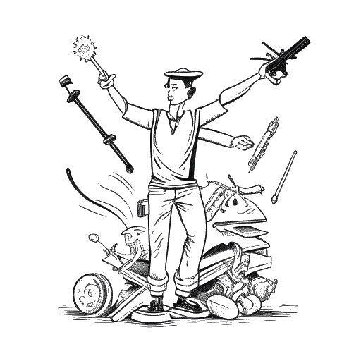 Dibujo de arte lineal de un hombre, encarnando a Wendigoon, con elementos que representan su vida personal, creencias religiosas y pasión por las armas, todo en un fondo blanco