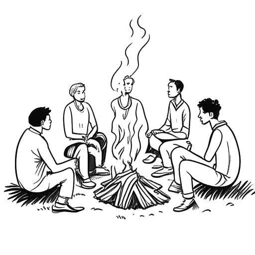 Line art drawing of Wendigoon sharing conspiracy theories and campfire stories, contributing to his growing popularity.