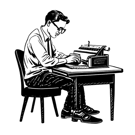 Strichzeichnung von Wendigoon, der eine Schreibmaschine zum Schreiben benutzt.