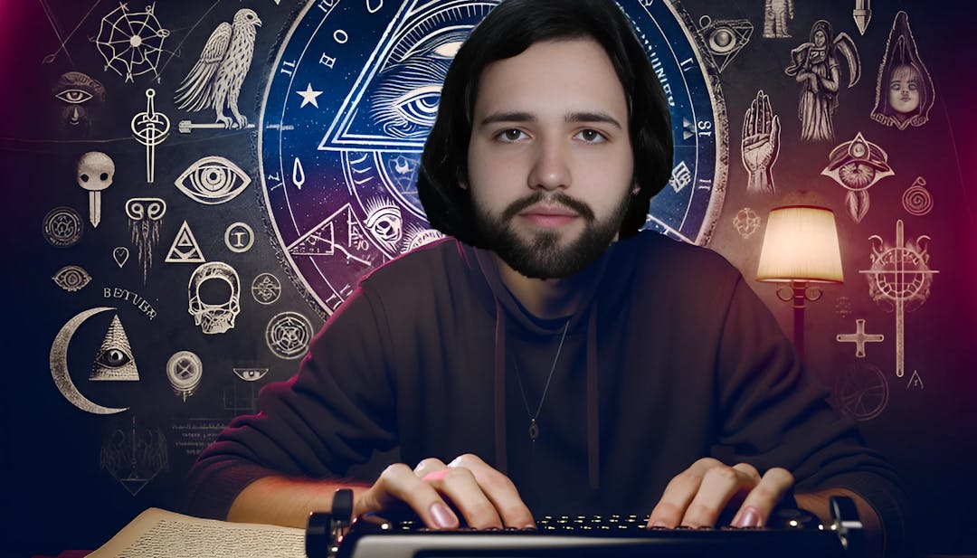 Wendigoon, a horror enthusiast and YouTube creator, looking directly at the camera with a mysterious smile. He is surrounded by elements of Native American mythology and horror imagery, dressed casually in a hoodie, holding a typewriter. The image is dark and atmospheric, representing his love for horror and writing.