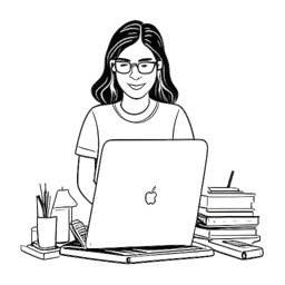 Line art drawing of a woman representing Emily Black, looking confident with a laptop, camera, and books, indicating her diverse interests and sources of income.