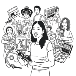Line art drawing of a woman representing Emily Black, collaborating with diverse creators amidst cameras, microphones, and YouTube icons, illustrating her versatile content.