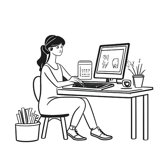 Line art drawing of a woman, representing Emily Black, seated before a computer, with a stack of money and film-making equipment beside her, indicating a career in digital content and entertainment.