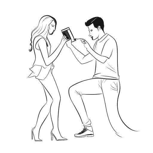 Line art drawing of Emily Black and Drilla J filming a music video