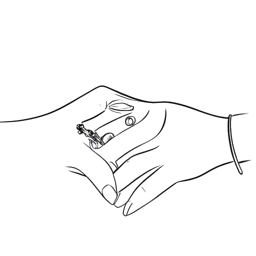 Line art drawing of Emily Black and Frank Slotta displaying their engagement rings