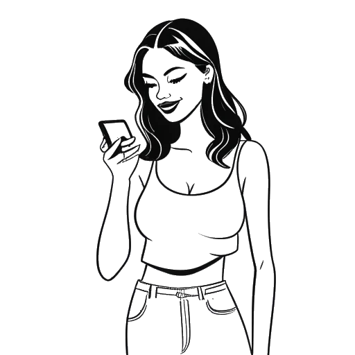 Desenho de arte de linha de Emily Black modelando em um clube, segurando um smartphone com o logotipo do OnlyFans