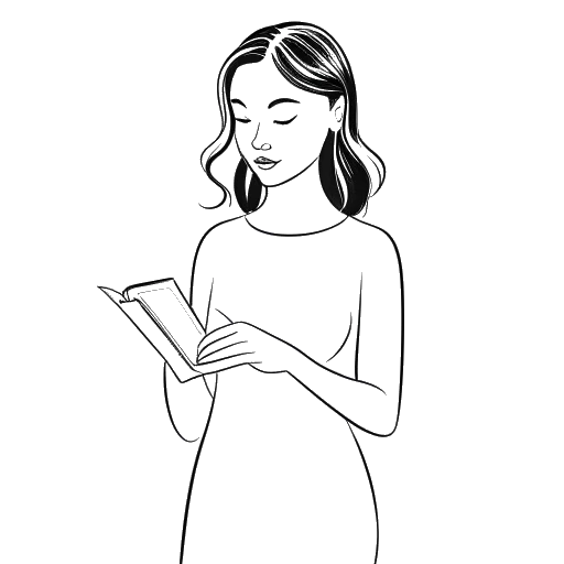 Desenho de arte de linha de Emily Black, segurando um livro em uma mão e fazendo uma pose de modelo com a outra