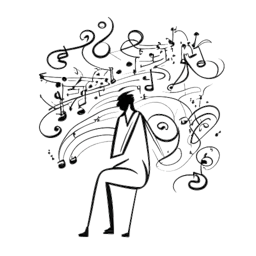 Strichzeichnung eines Mannes, der Jon Bellion repräsentiert, kreativ mit Musiknoten verschmelzend, Bilder von gefeierten Künstlern verknüpfend, alles vor einem weißen Hintergrund