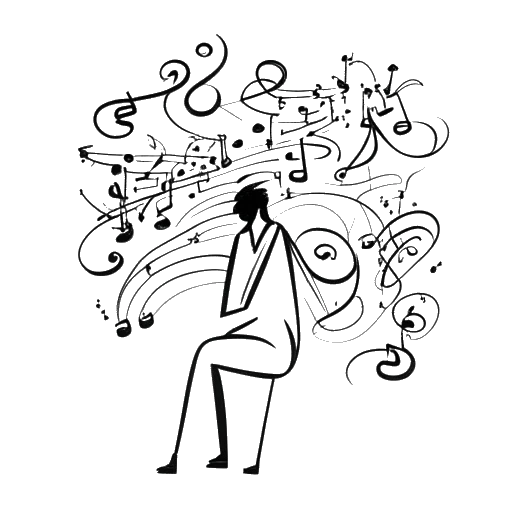 Lijn kunsttekening van een man, die Jon Bellion voorstelt, creatief muzieknoten samenvoegend, met afbeeldingen van gevierde artiesten linkend, allemaal tegen een witte achtergrond